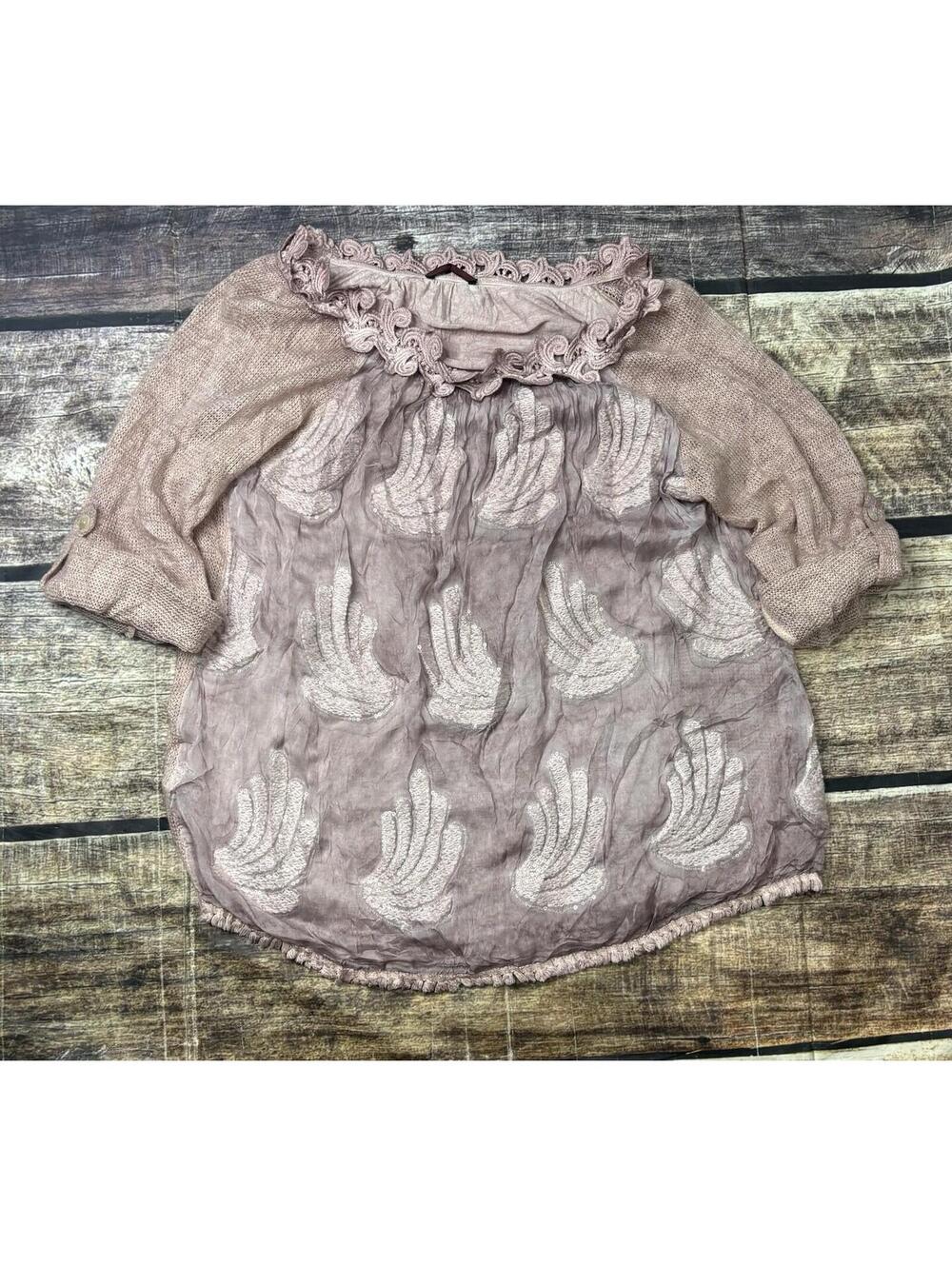 Sweater Womens XL Made in Italy Knit Embroidered Sequin Roll Tab Sleeve Pullover